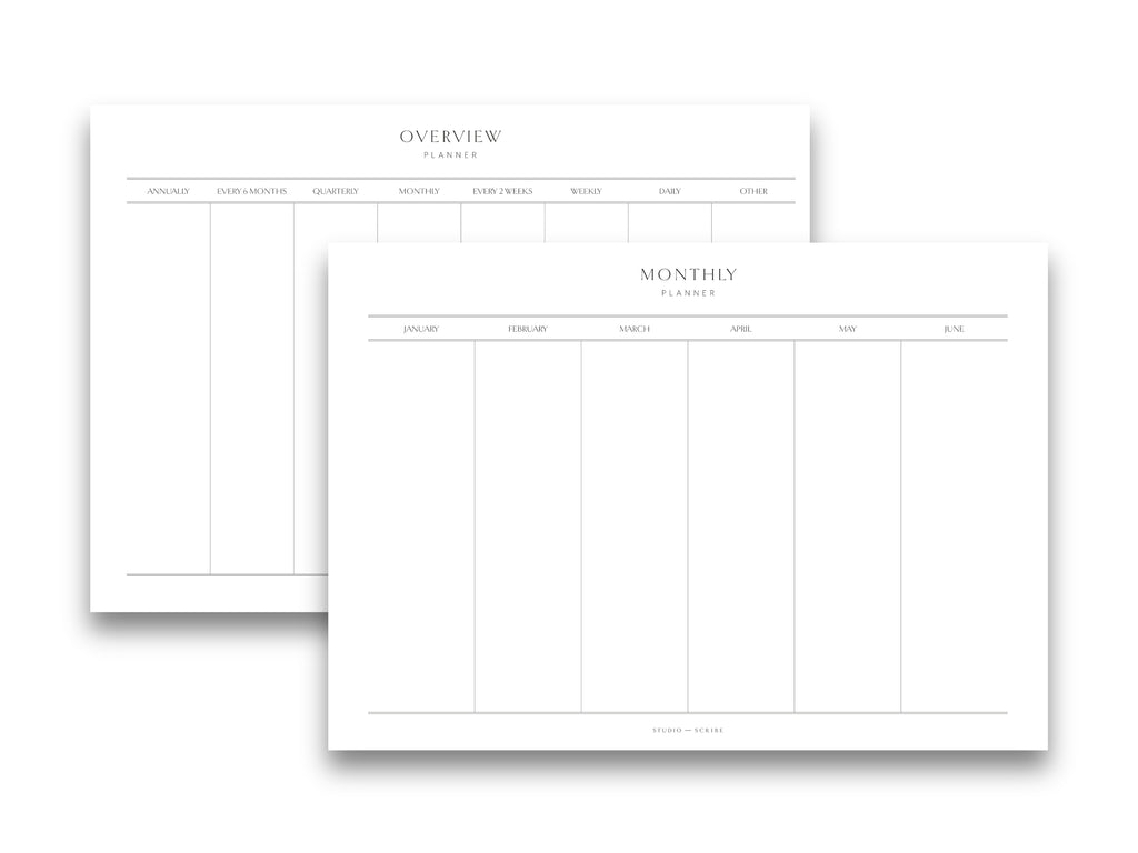 Printed planner pages displayed in landscape orientation, one for 'Overview' and another for 'Monthly', showing a clear and organised layout.