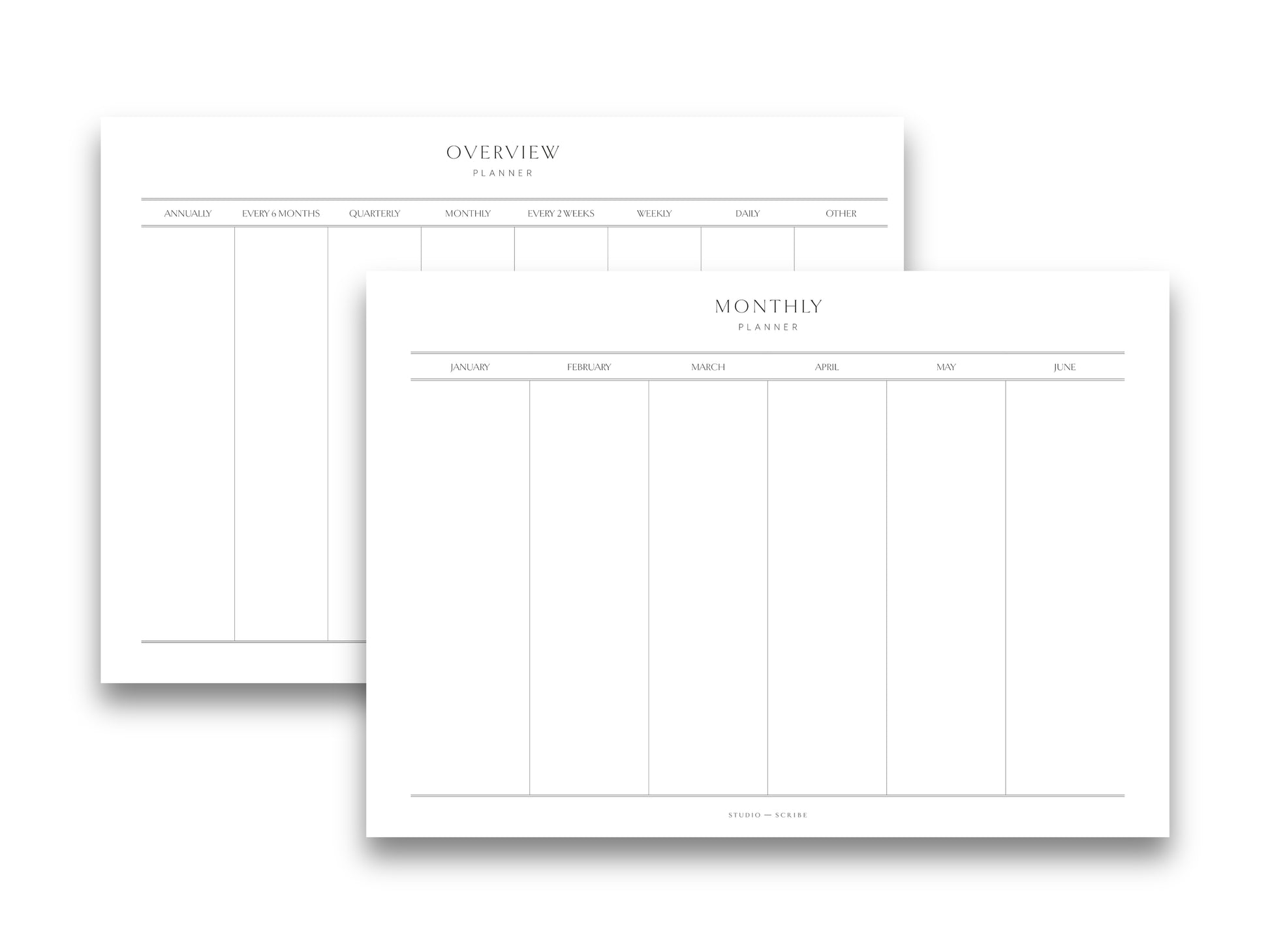 Printed planner pages displayed in landscape orientation, one for 'Overview' and another for 'Monthly', showing a clear and organised layout.