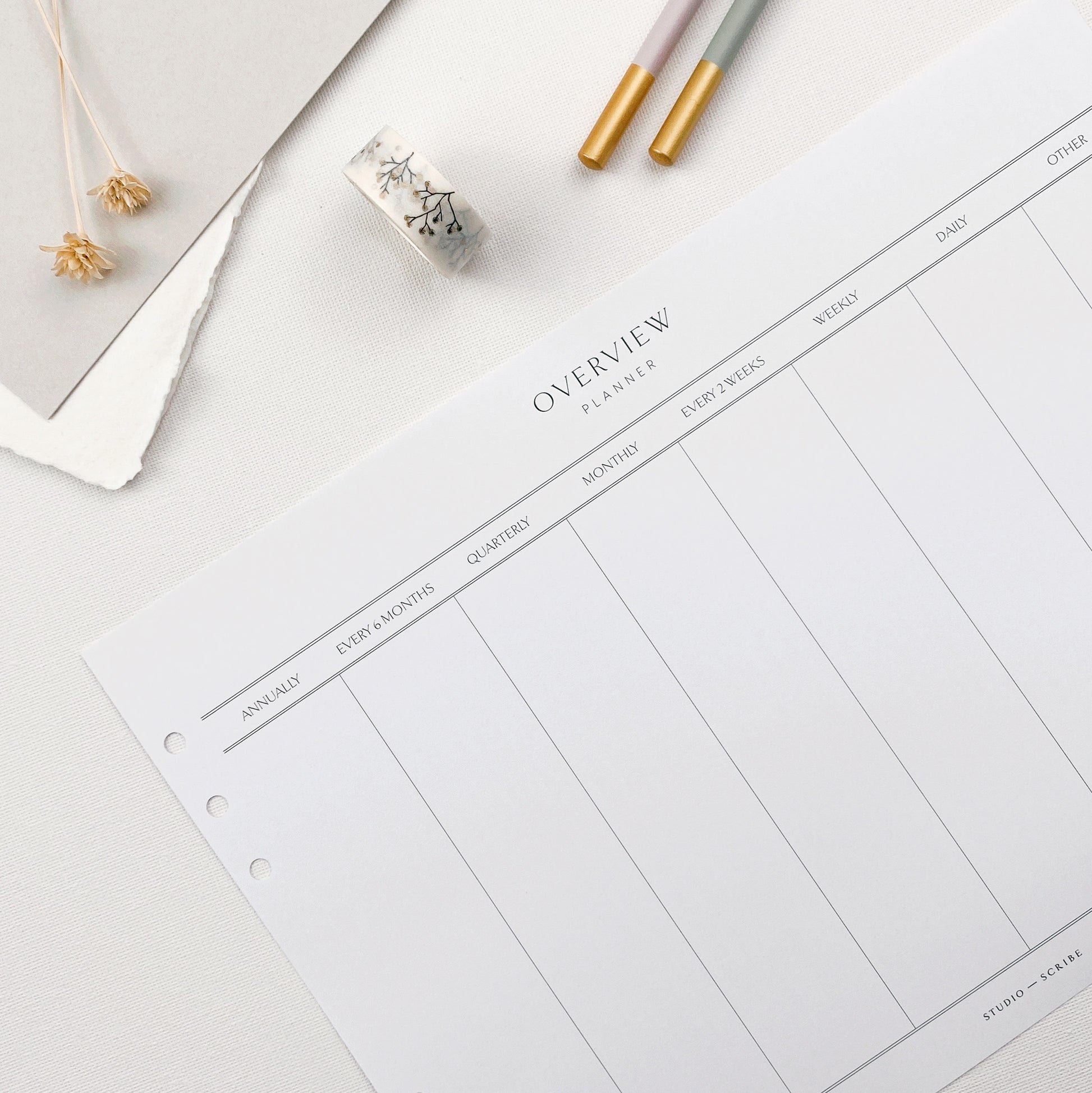 A printed A4 landscape planner page with 'OVERVIEW PLANNER' printed as the title and a colum layout with defined frequencies