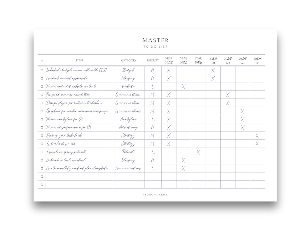 A4 master to do list planner page in landscape orientation, completed with example information to illustrate use