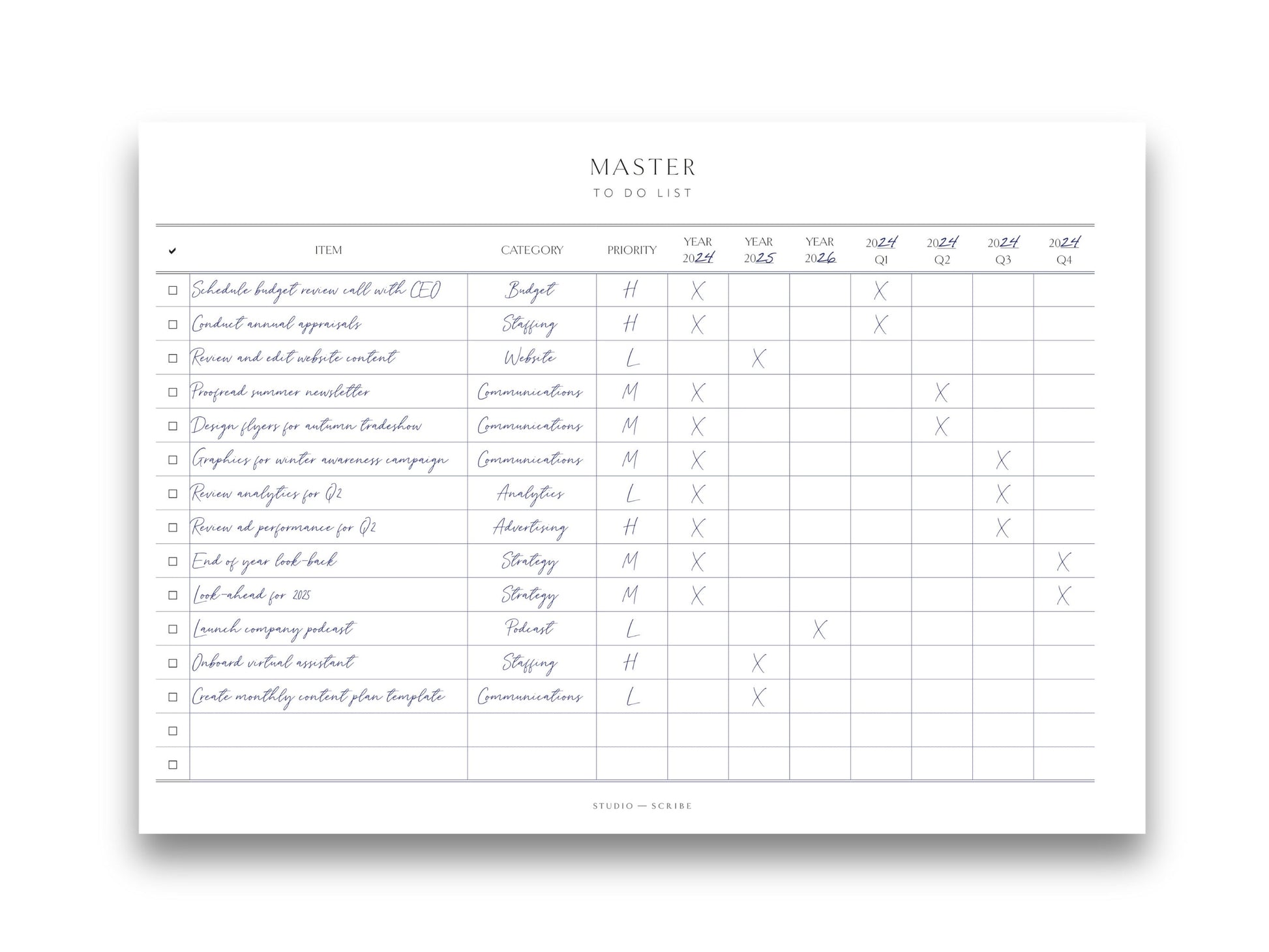 A4 master to do list planner page in landscape orientation, completed with example information to illustrate use