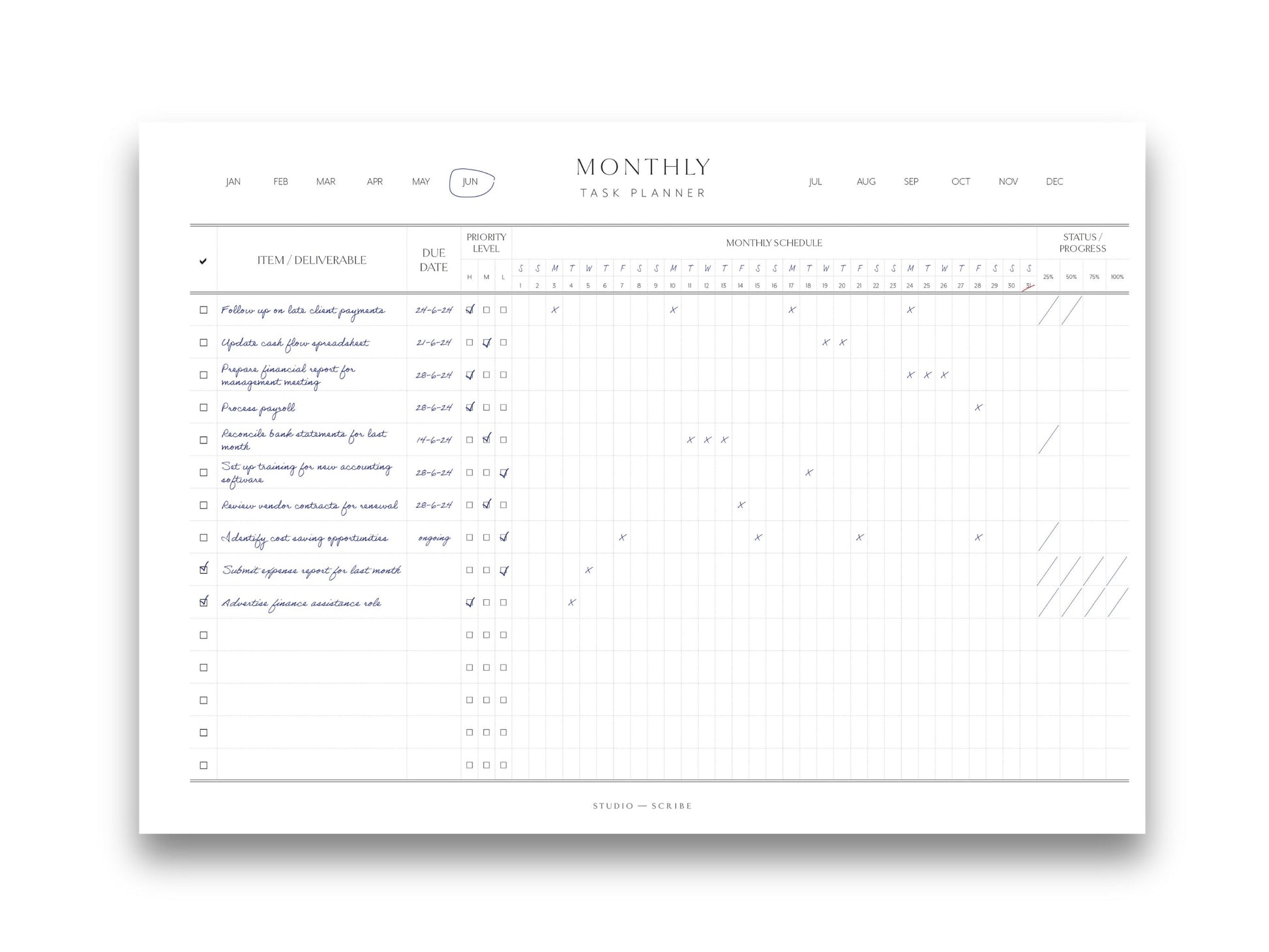 A4 landscape monthly task planner page with example information completed to illustrate use