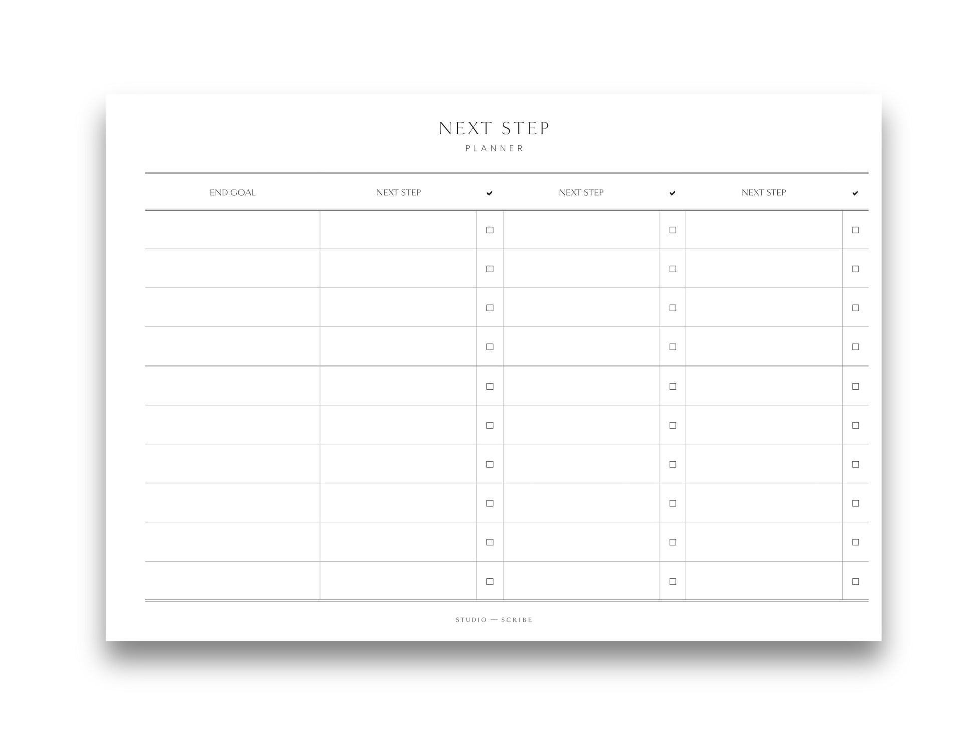 A printed A4 landscape planner page titled 'NEXT STEP' with sections for prioritizing tasks and focusing on actionable steps.