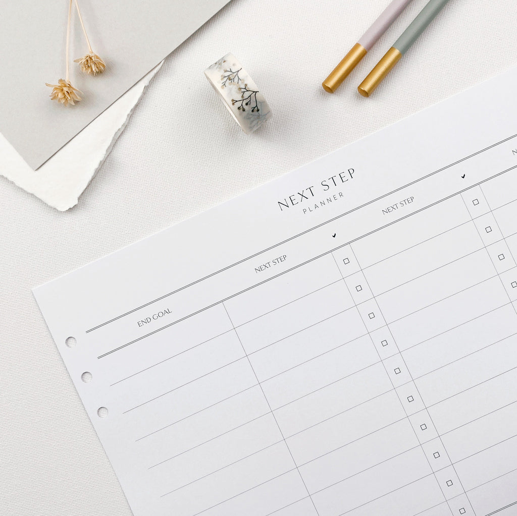 A printed A4 landscape planner page titled 'NEXT STEP PLANNER', placed on a white surface surrounded by stationery items. 