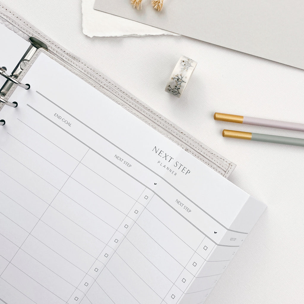 A printed A4 landscape planner page titled 'NEXT STEP PLANNER', placed on a white surface surrounded by stationery items. 