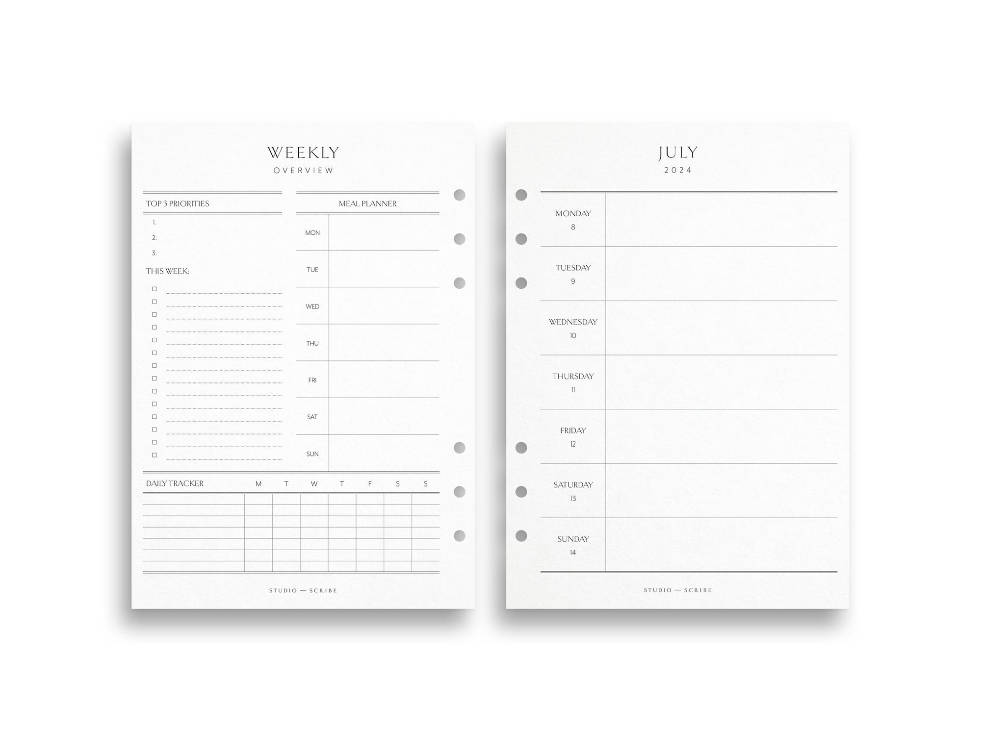 A5 2024-2025 Academic Year Weekly Planner Inserts | Separate Calendar Grids | Dashboard Layout