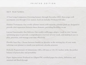 A5 2025 Weekly Planner Inserts | Separate Calendar Grids | Dashboard Layout
