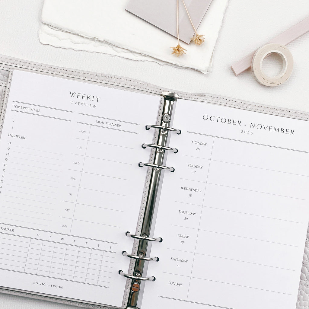 Open weekly planner with dashboard layout and appointments page on a white surface.