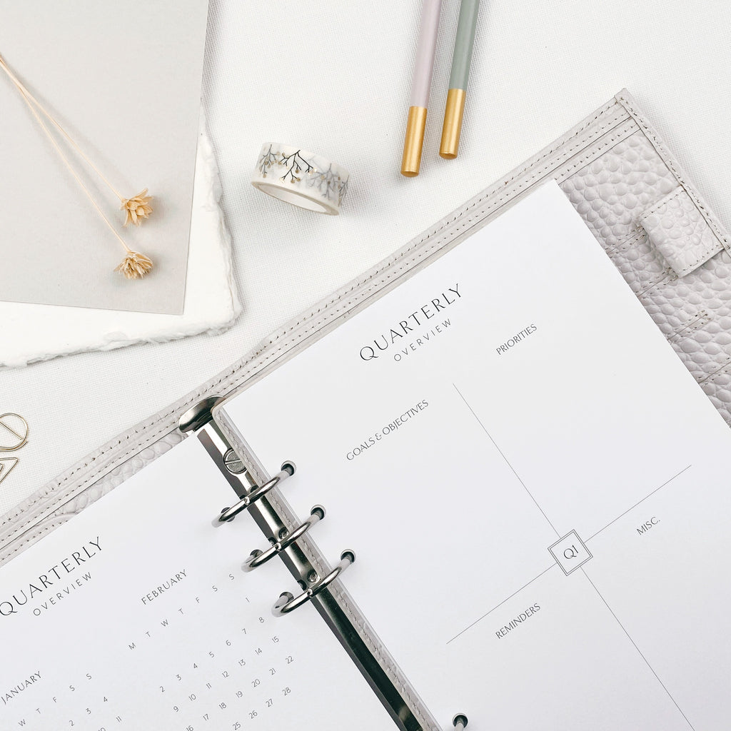 Planner with quarterly overview pages on a white surface with stationery items.
