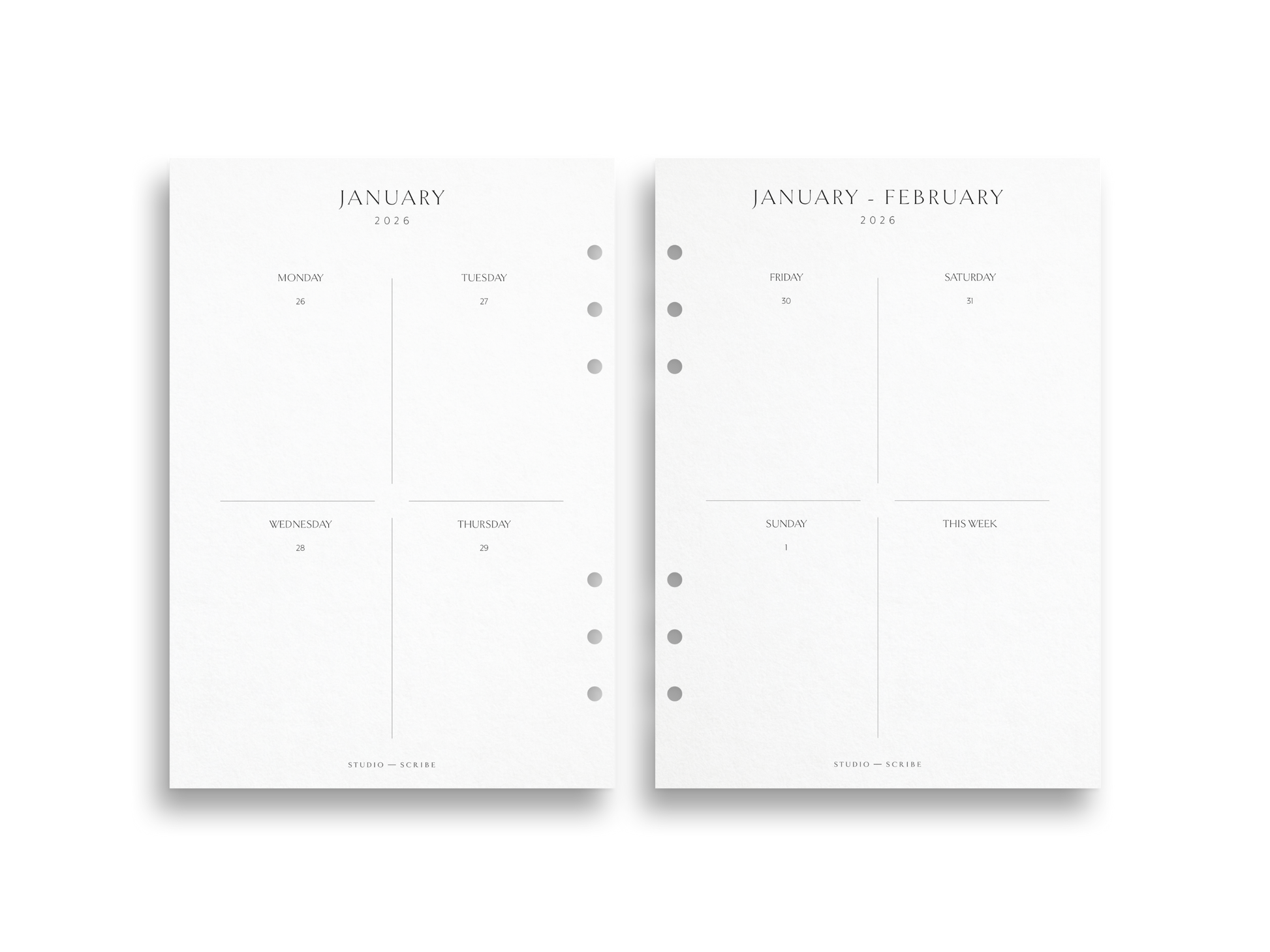 Two white calendar pages for January and January-February showing days of the week and dates.