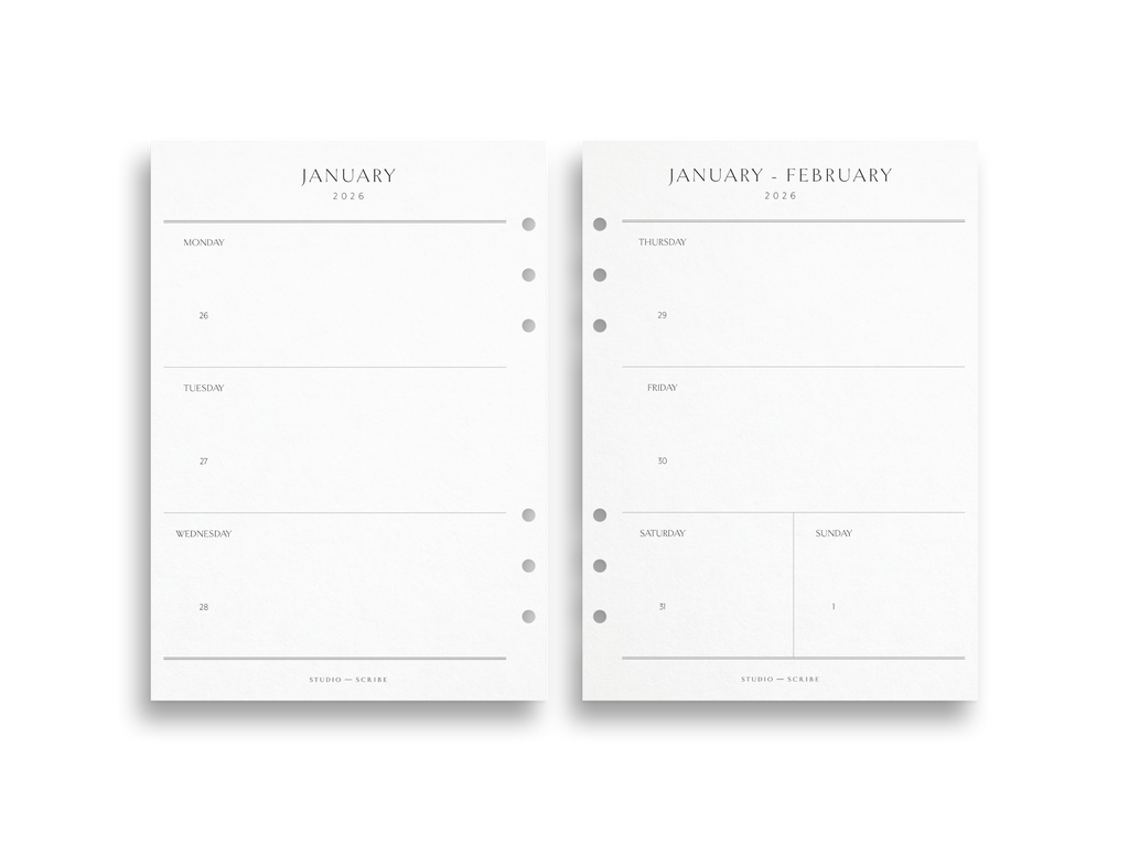 Two pages of a planner with a classic weekly layout on a white background.