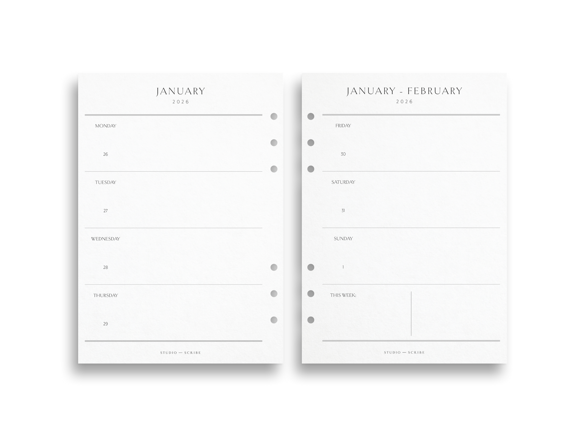Two minimalist weekly planner pages with a plain background.