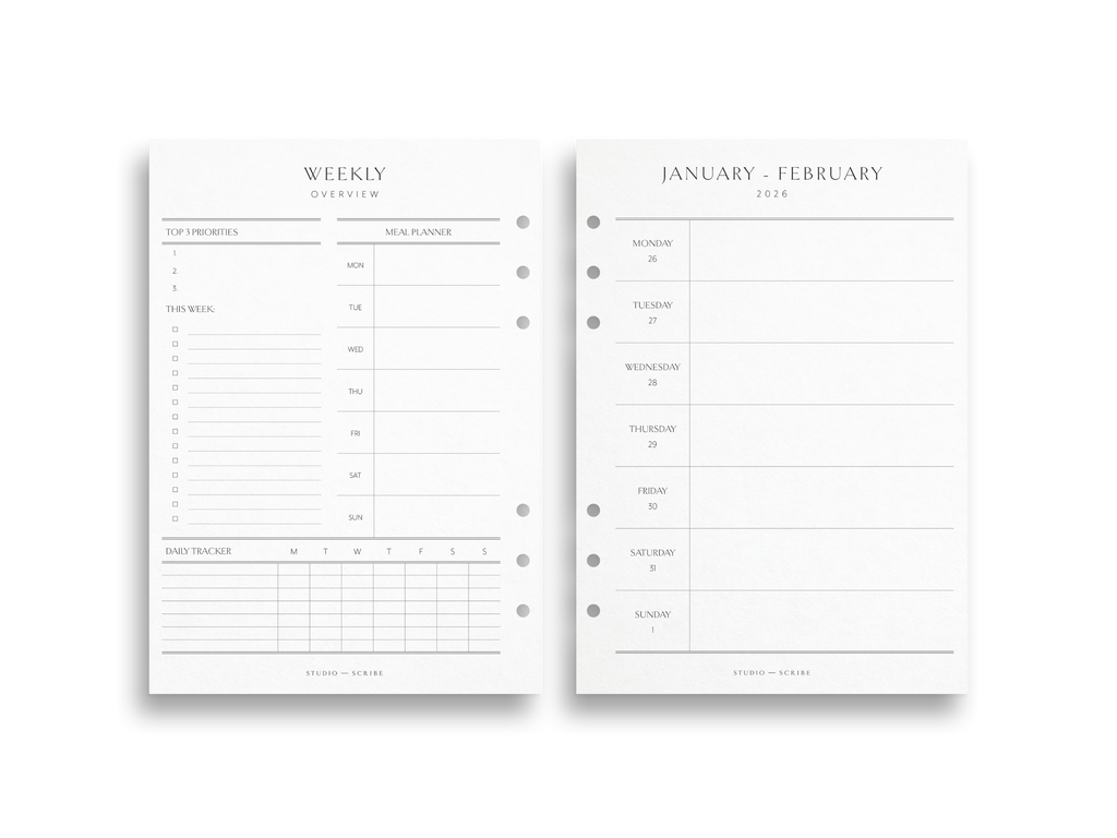 Two pages of a weekly planner with dashboard layout on a white background.