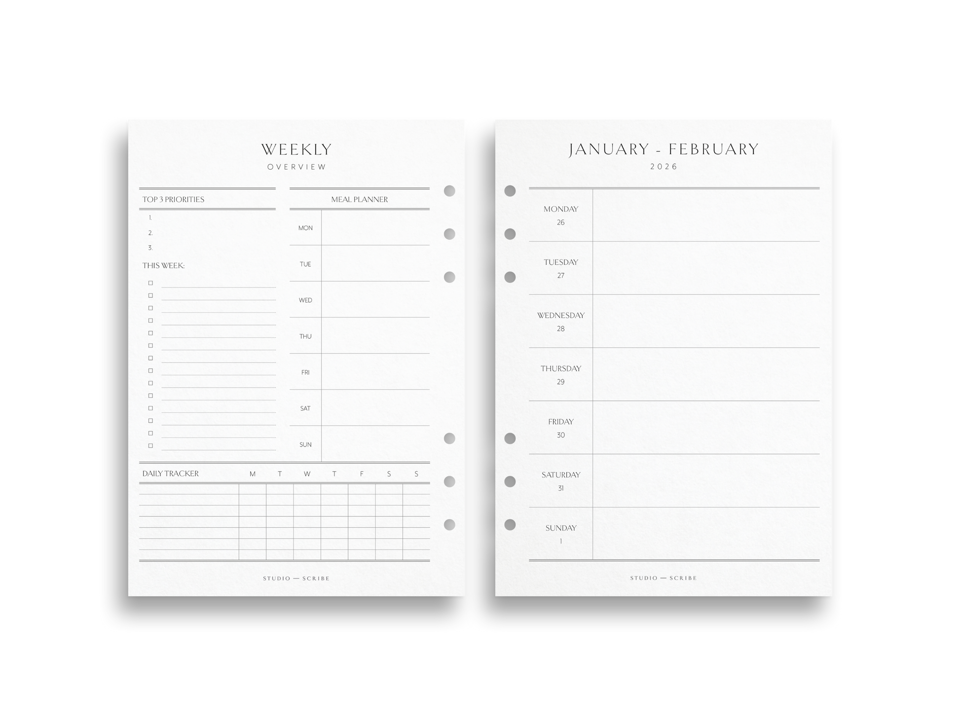 Two pages of a weekly planner with dashboard layout on a white background.