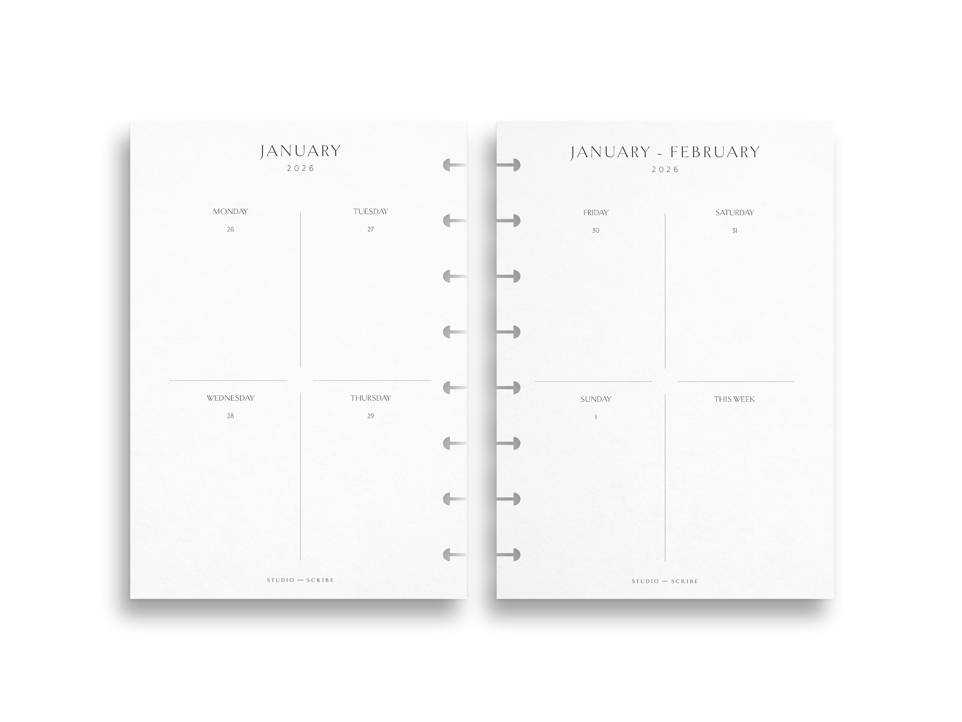 Two pages of a planner showing January and January-February, with a minimalist design.
