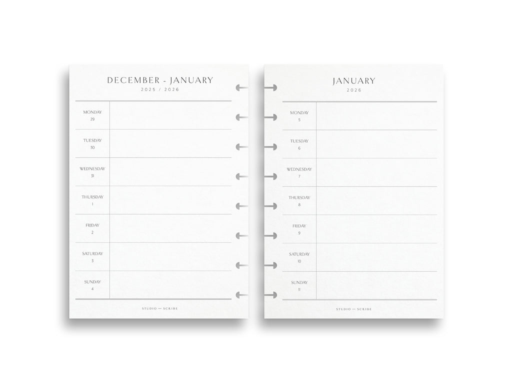 Two pages of a planner showing December and January schedules on a white background.