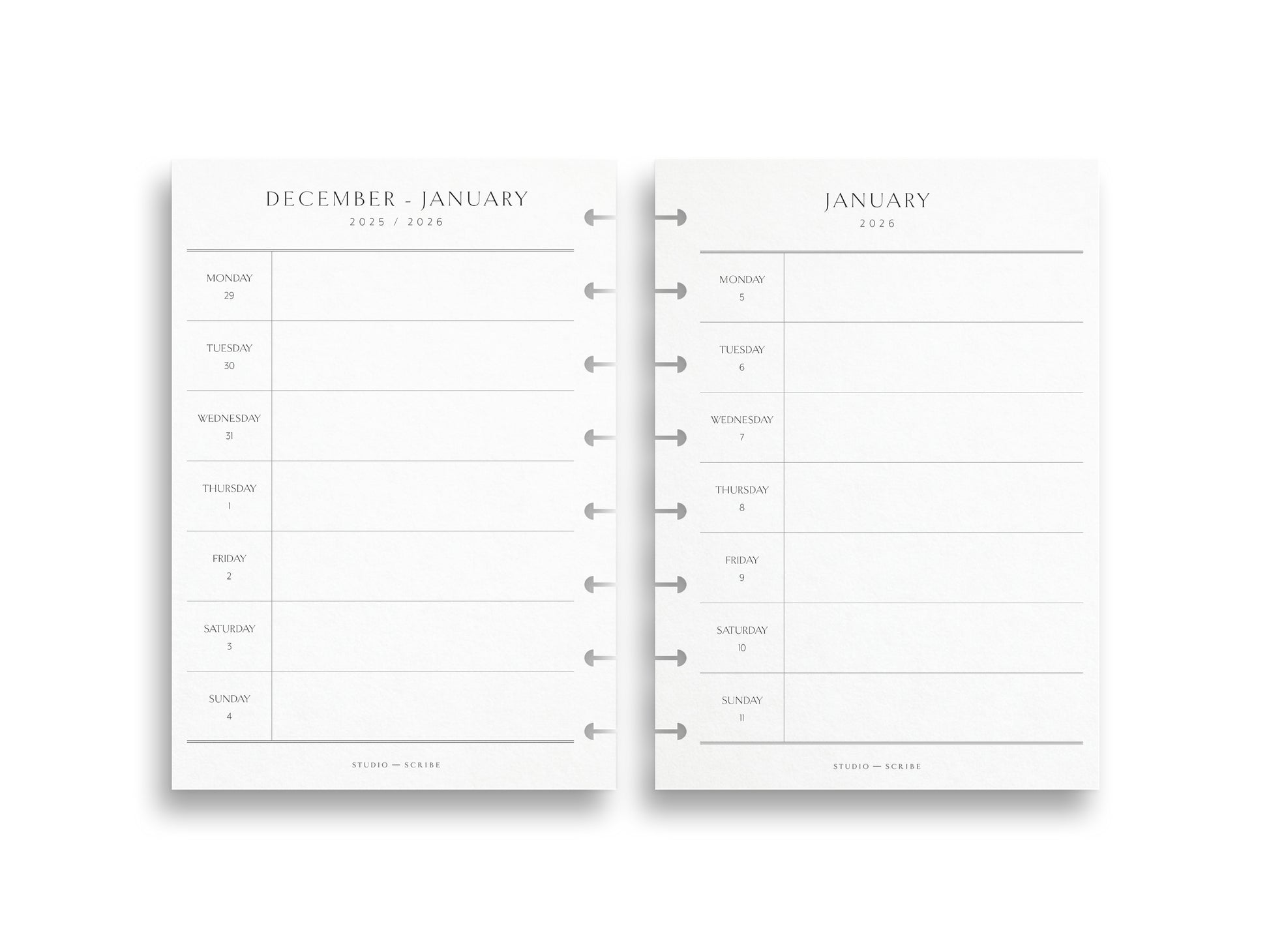Two pages of a planner showing December and January schedules on a white background.