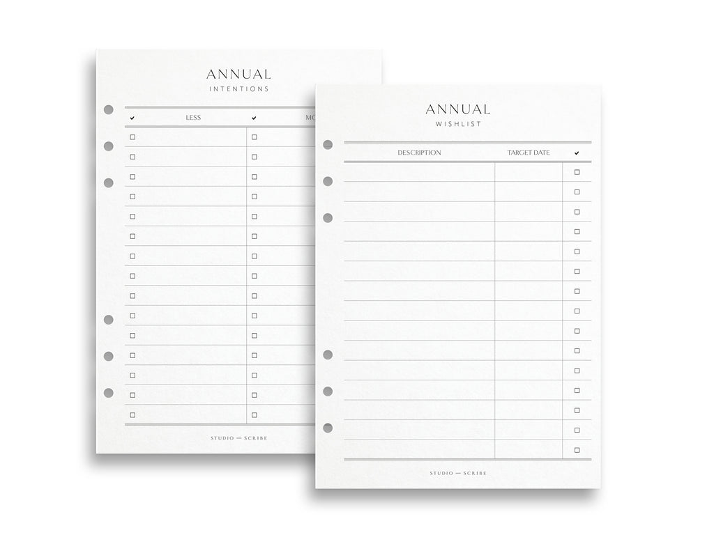 Annual intentions and annual wishlist pages set on a white background