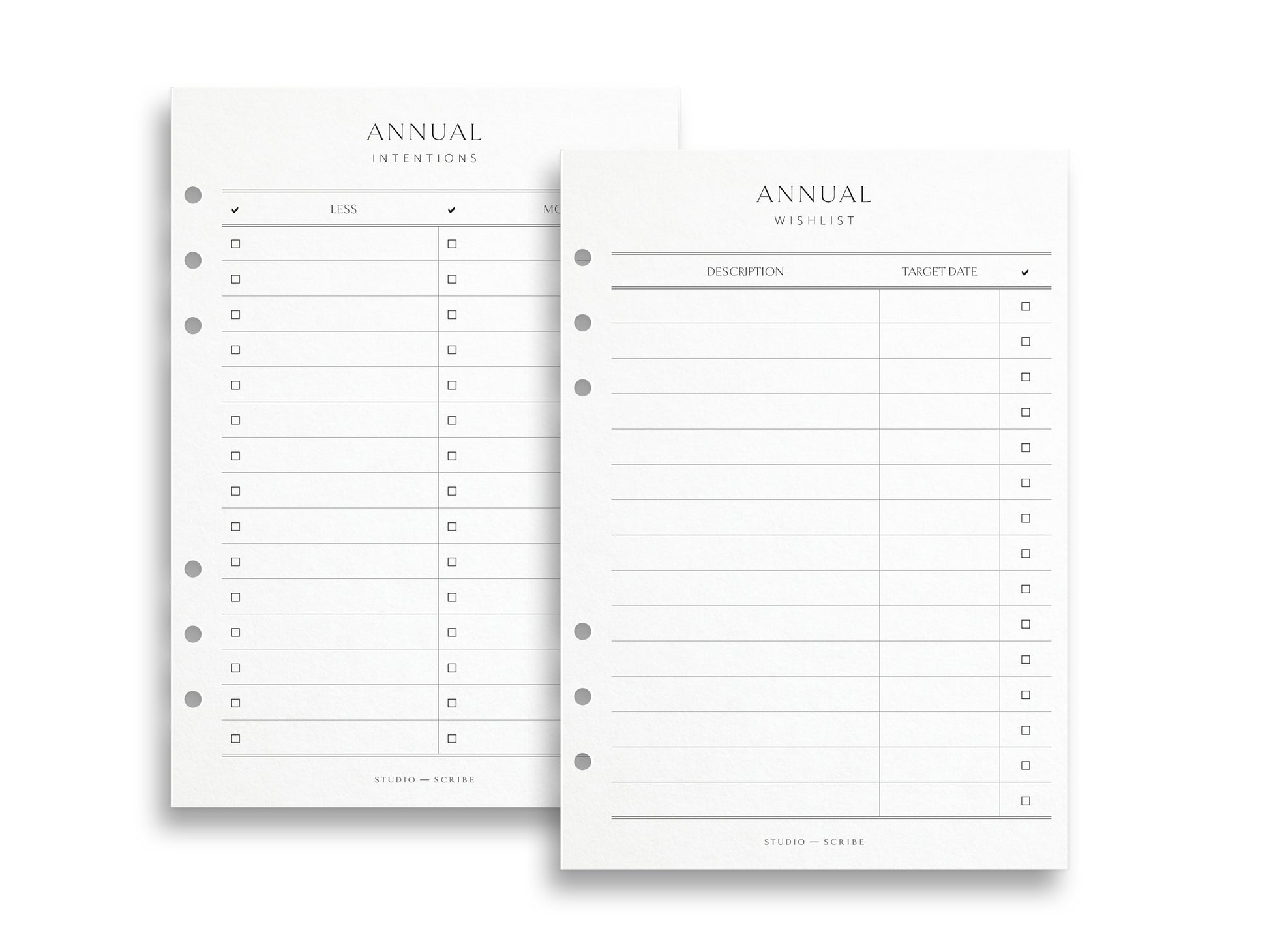 Annual intentions and annual wishlist pages set on a white background
