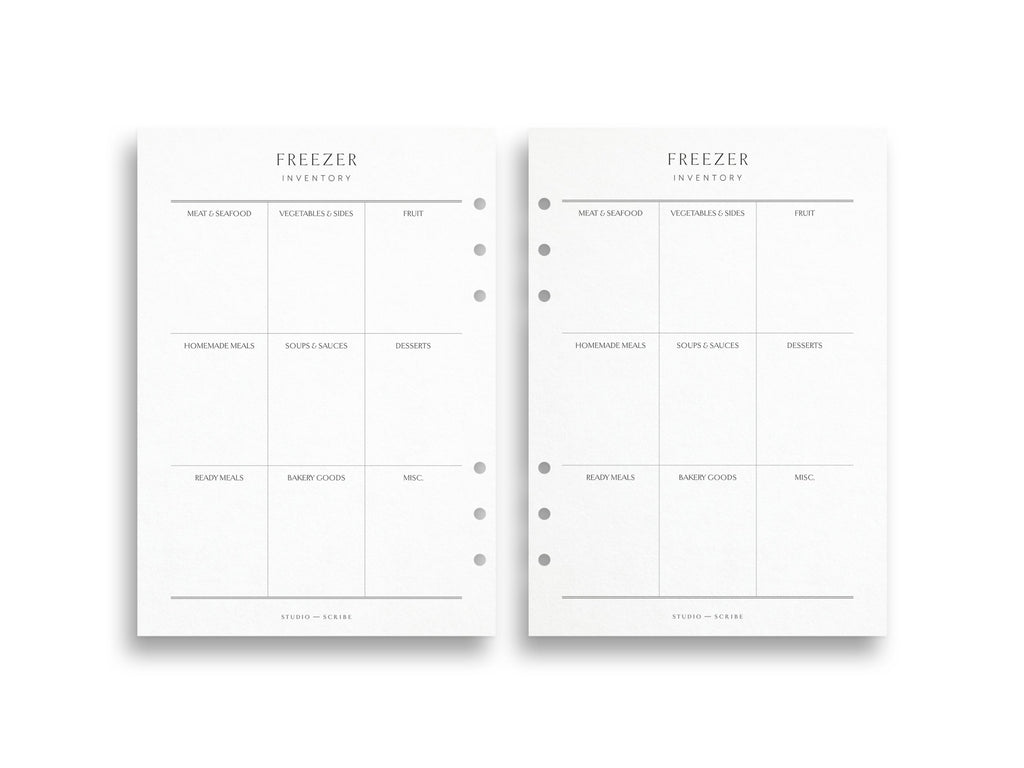 2 planner pages on a white background featuring a freezer inventory design