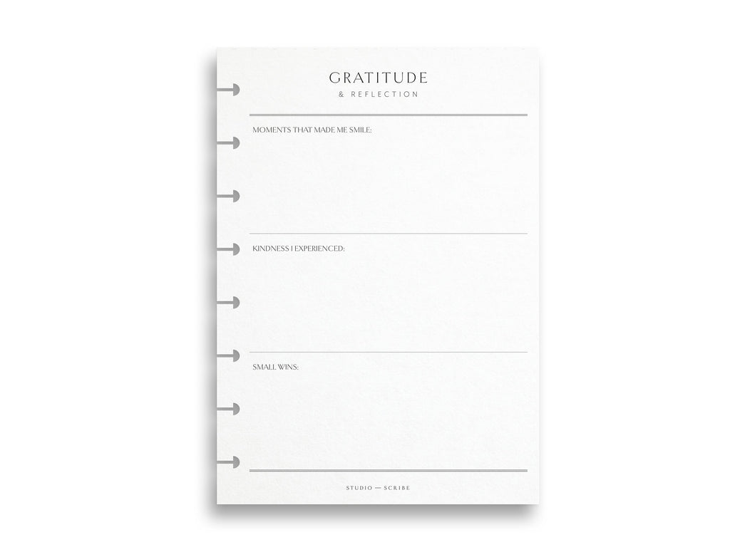 A white A5 gratitude and reflection page with structured sections for writing thoughts, feelings, and small wins.