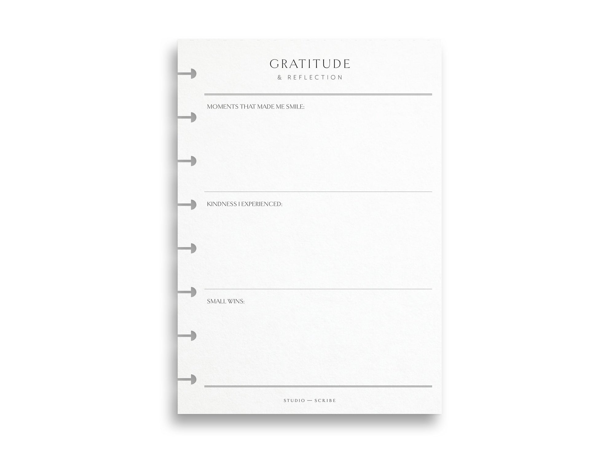 A white A5 gratitude and reflection page with structured sections for writing thoughts, feelings, and small wins.