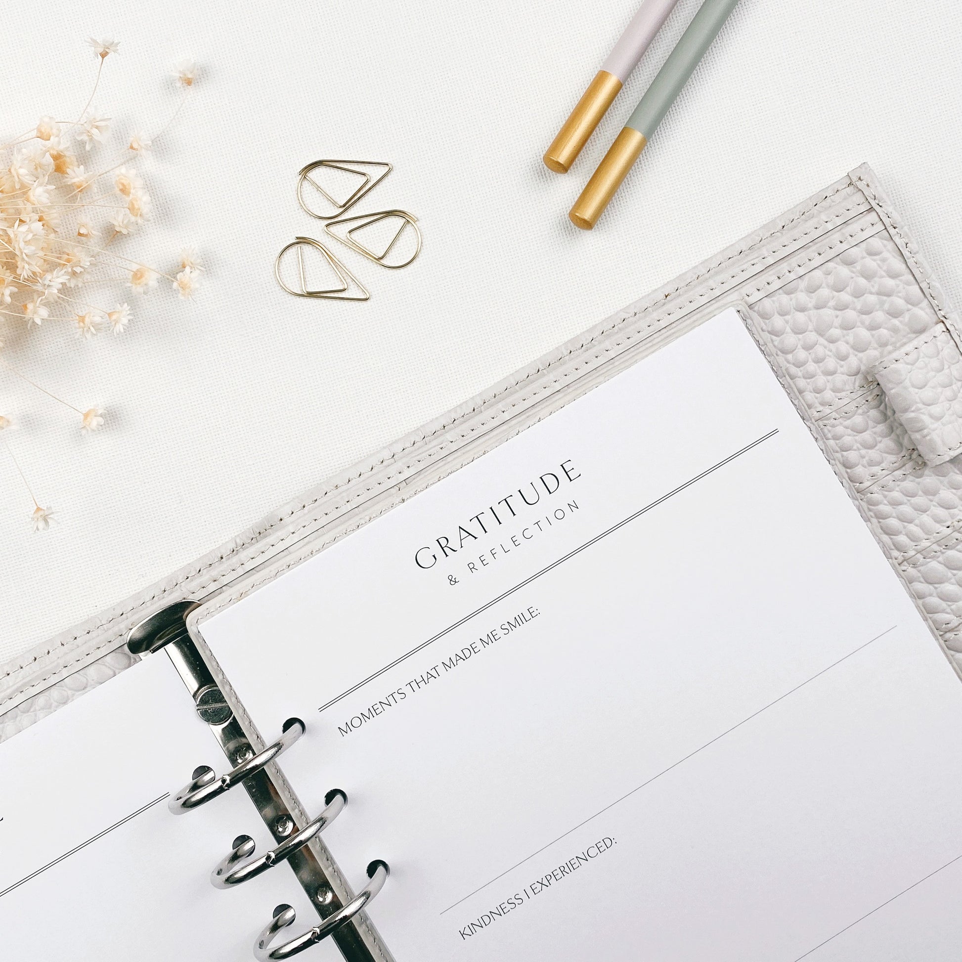 Open planner with 'Gratitude & Reflection' page on a white surface with decorative elements.