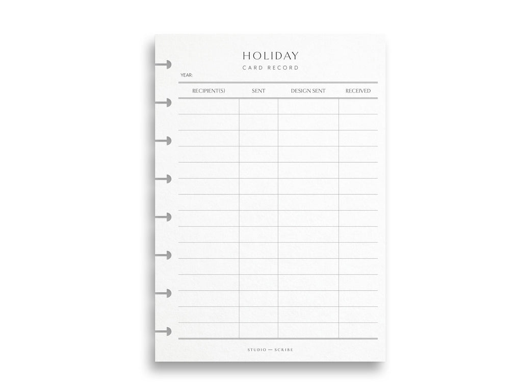 An A5-sized holiday card planner page on a plain background