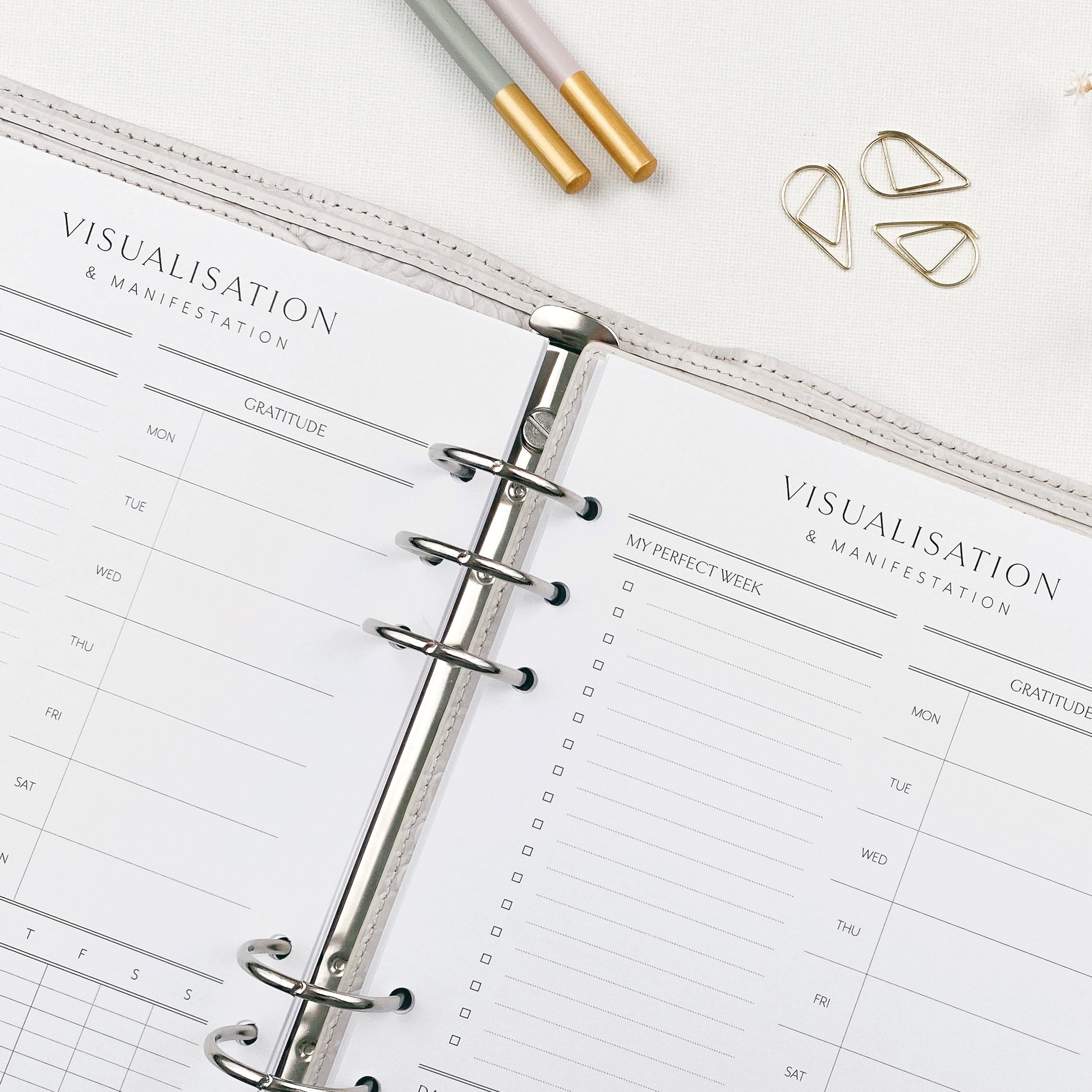 Open planner with 'Visualisation & Manifestation' section on a white surface with a pencils and paper clips.