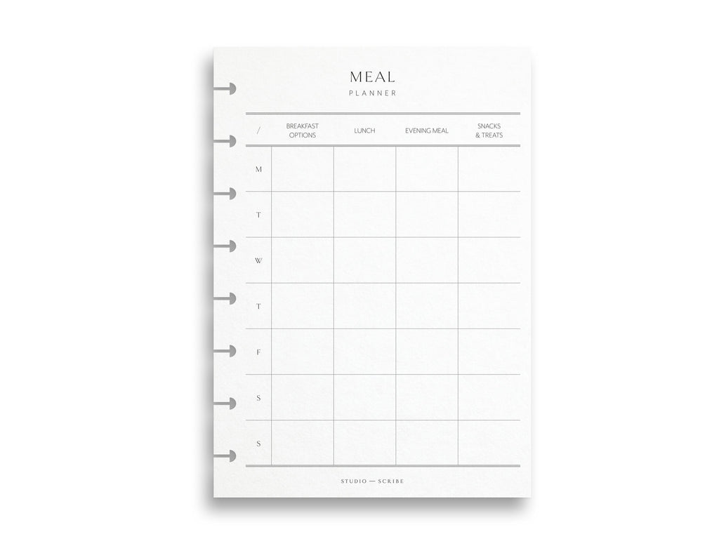 An A5 sized meal planner page with labeled sections for meal planning