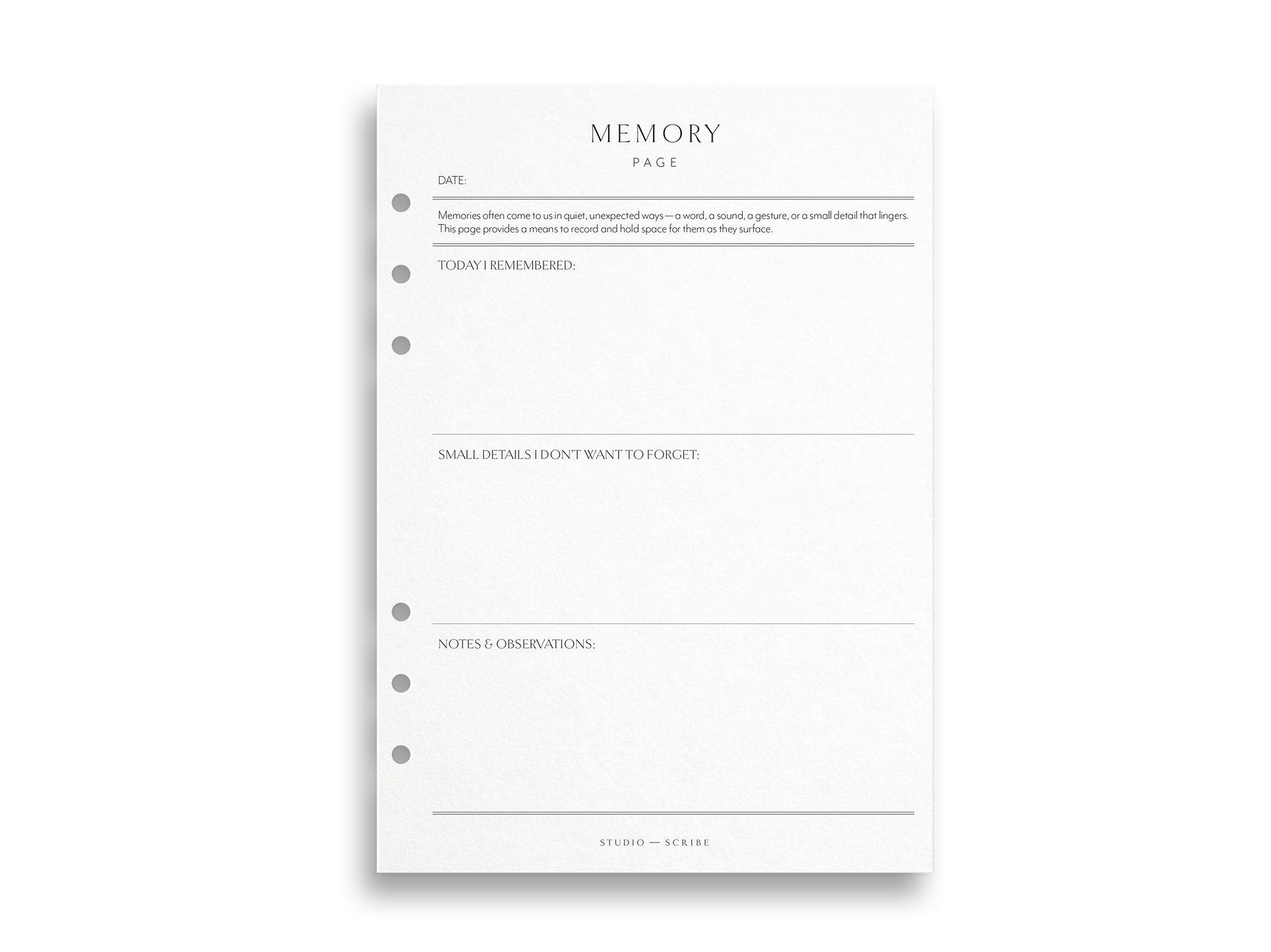 Memory planner page on a white background