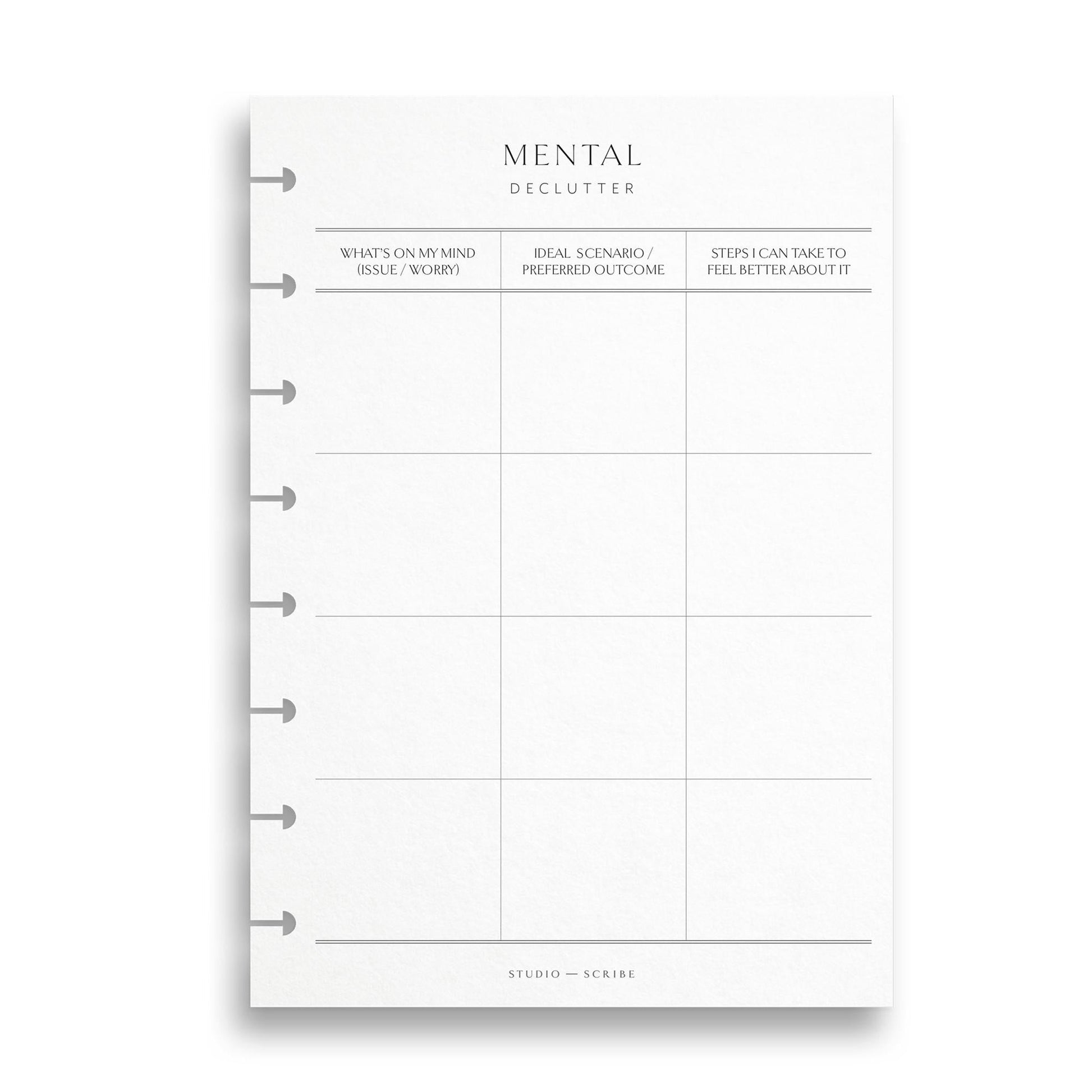 Planner page with columns for 'What's on my mind', 'Ideal scenario/preferred outcome', and 'Steps can take to feel better about it'.