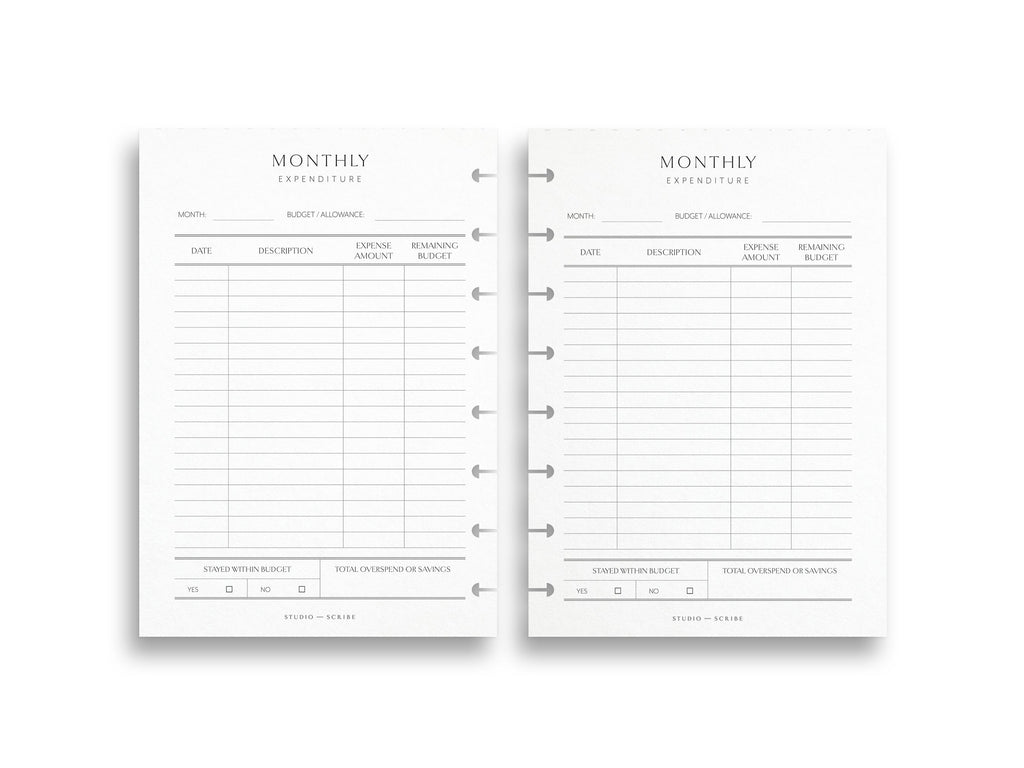 2 planner insert pages with a monthly expenditure page design