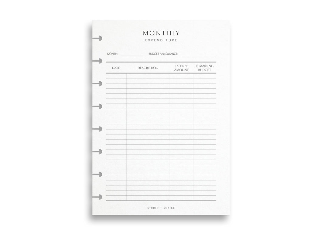 Monthly Expenditure planner insert with columns for date, description, expense amount and remaining budget