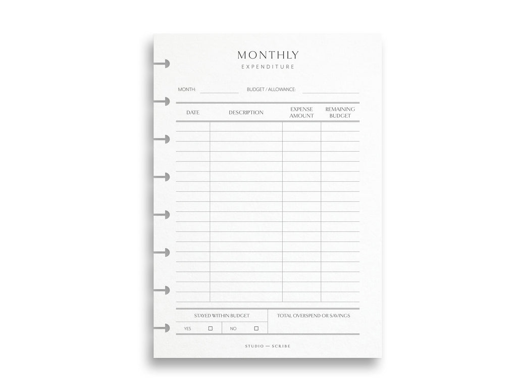 Monthly expenditure planner page on a white background