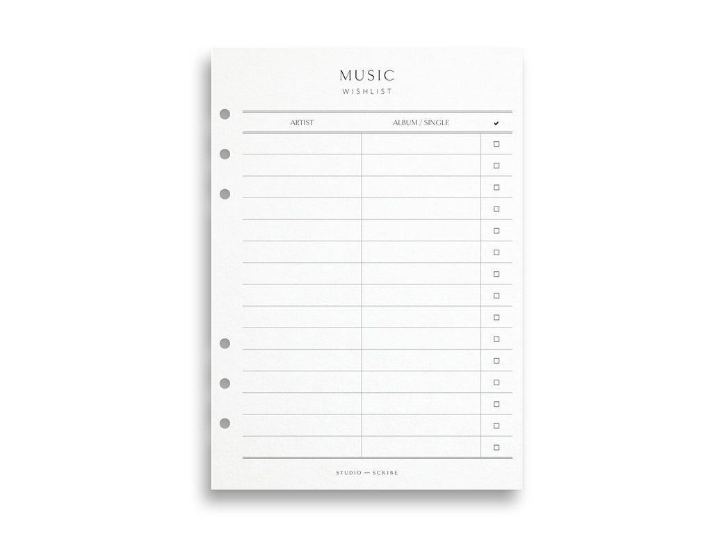 An A5 sized planner page with a title 'MUSIC WISHLIST' printed at the top.