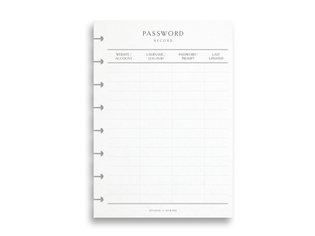 Password record planner insert with disc style punching