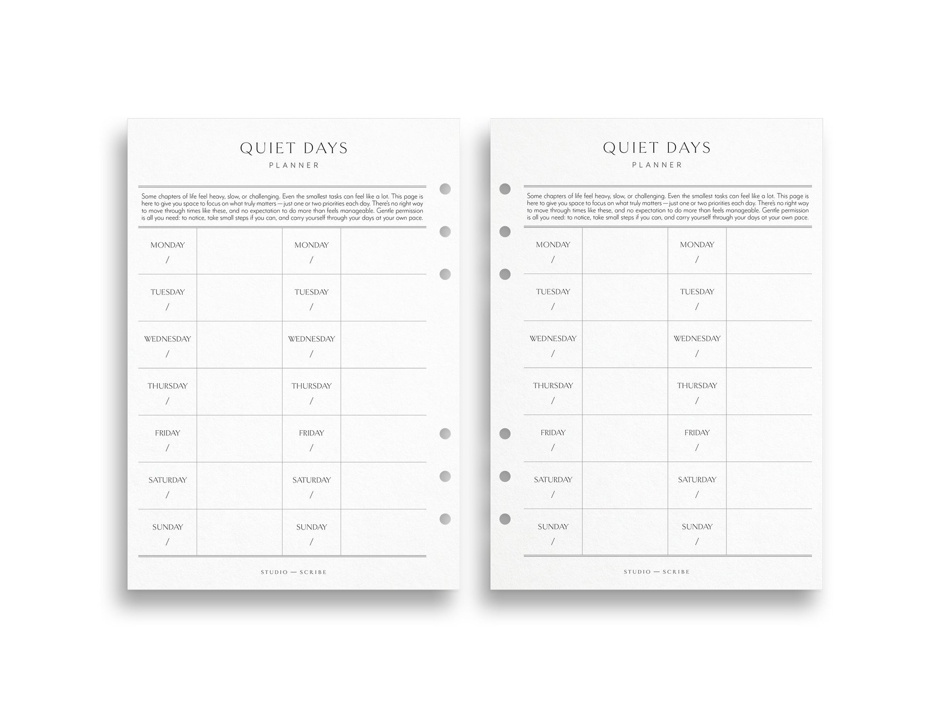 Quiet Days planner refill pages with 2 weeks per page layout