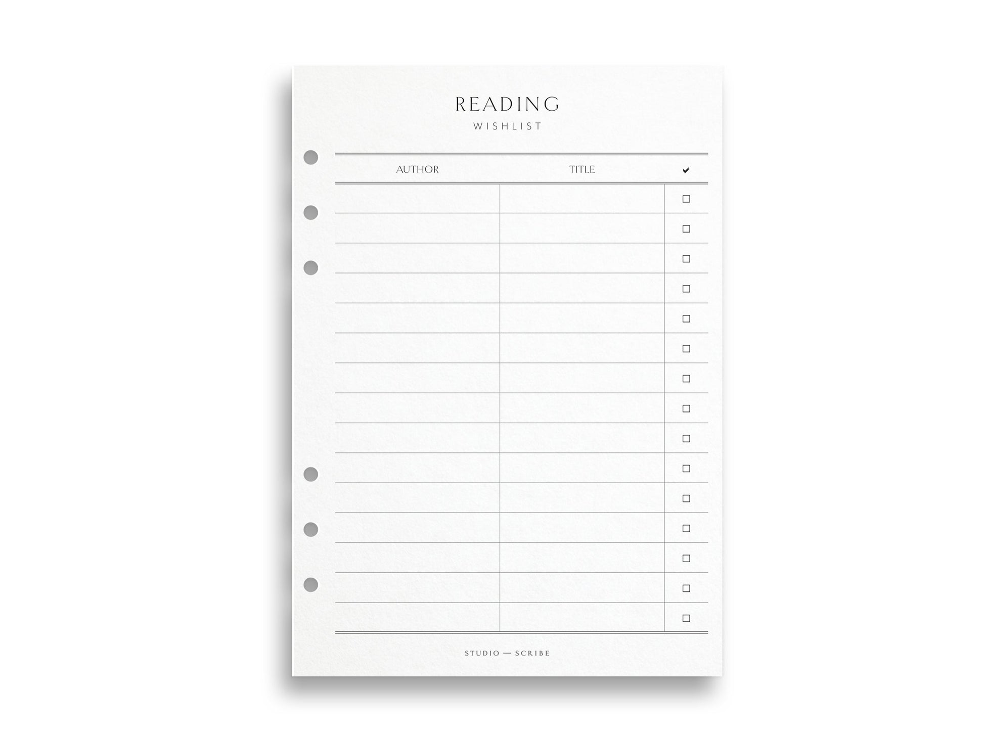 Reading wishlist planner page with columns for author and book title, plus a checkbox to mark as complete