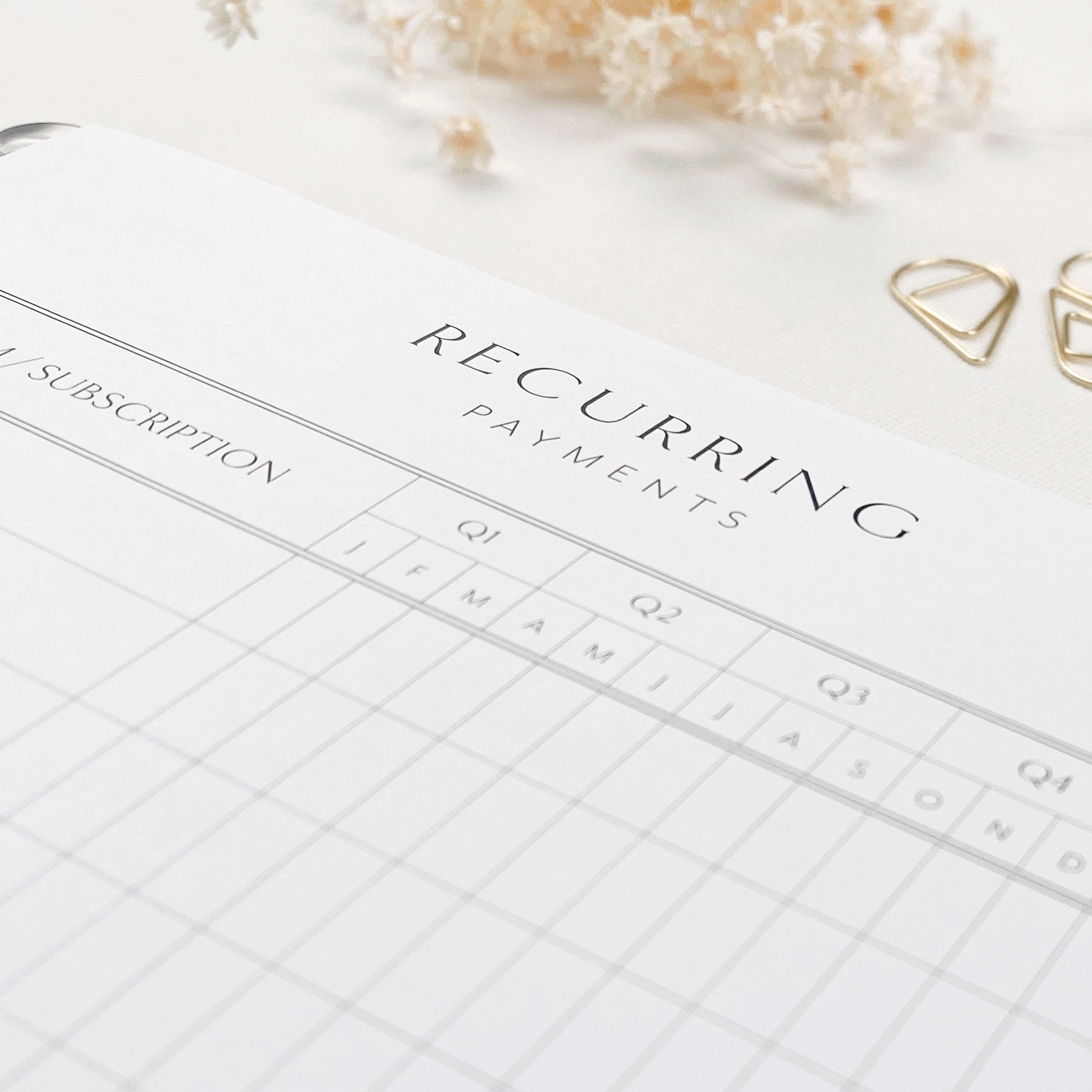 Sheet of paper with 'Recurring Payments' heading on a light surface with decorative elements.