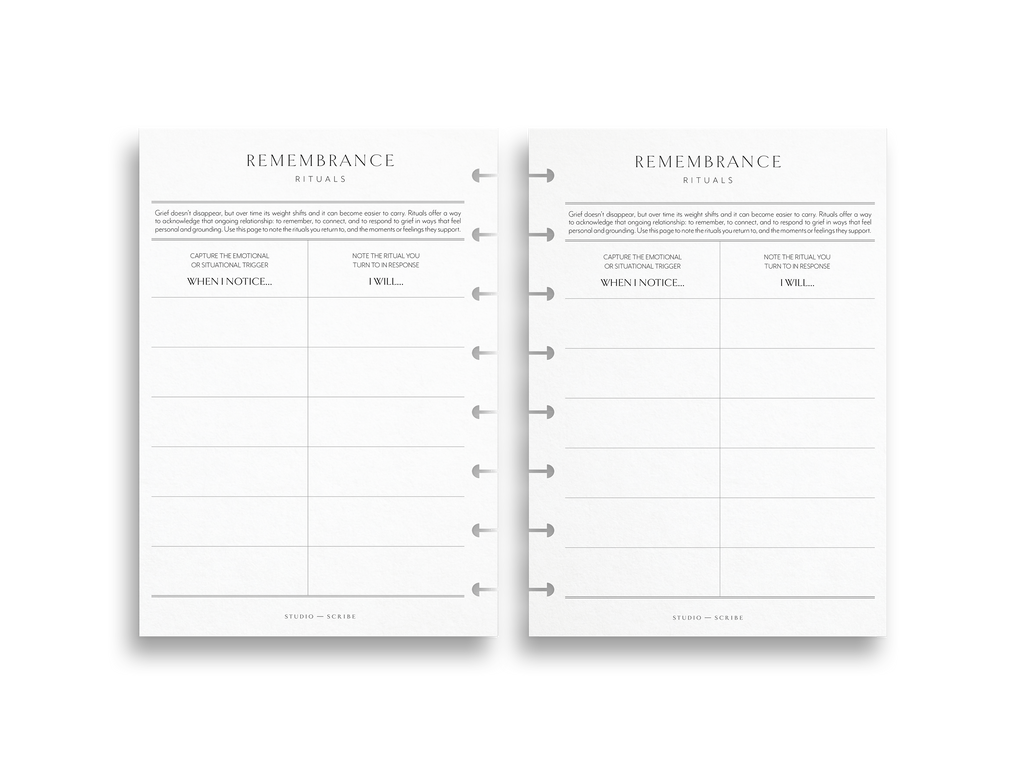 Remembrance rituals planner refill pages with a discbound punching style 