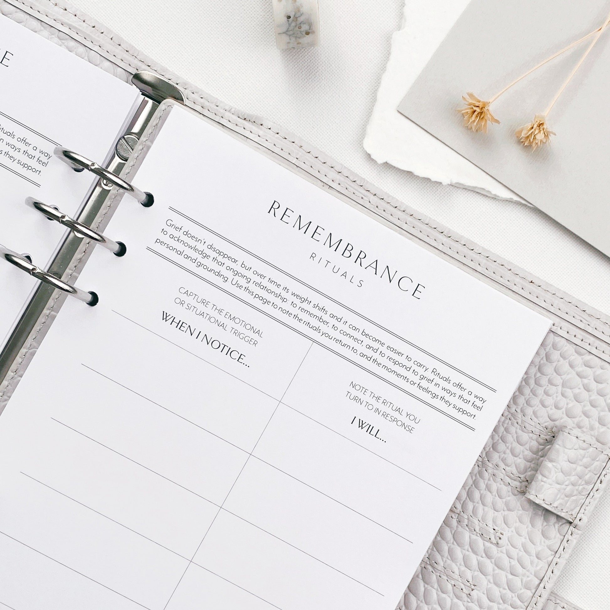 Planner opened to a Remembrance Rituals page