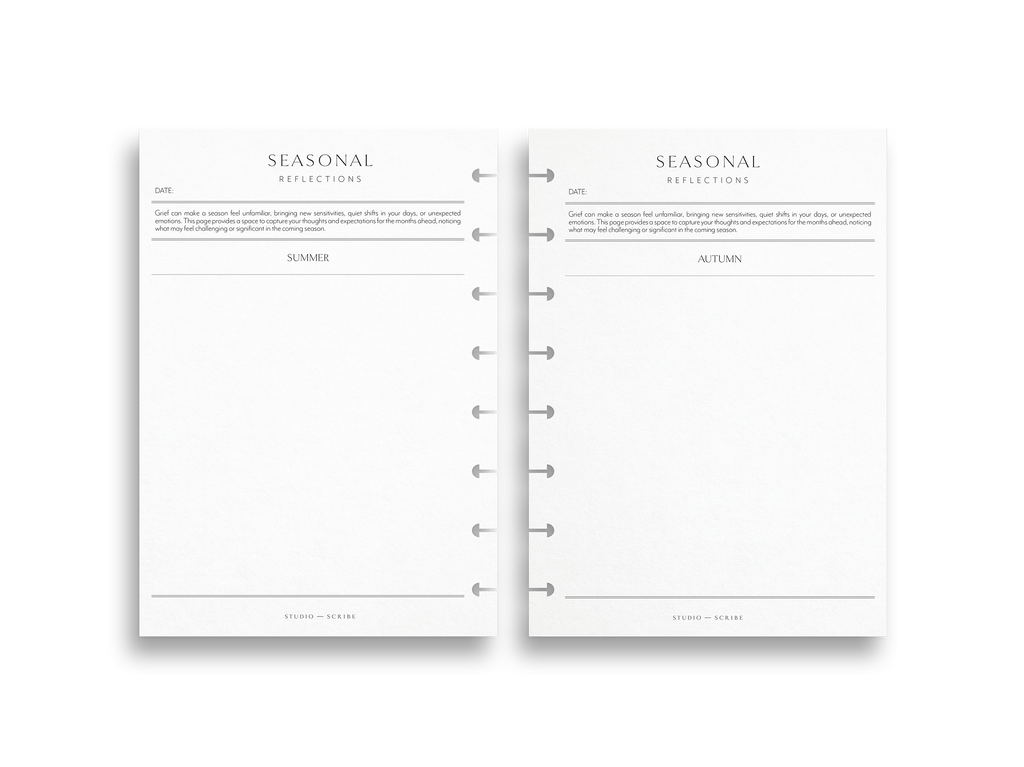 Two pages from a planner with 'Seasonal Reflections' headings on a white background.
