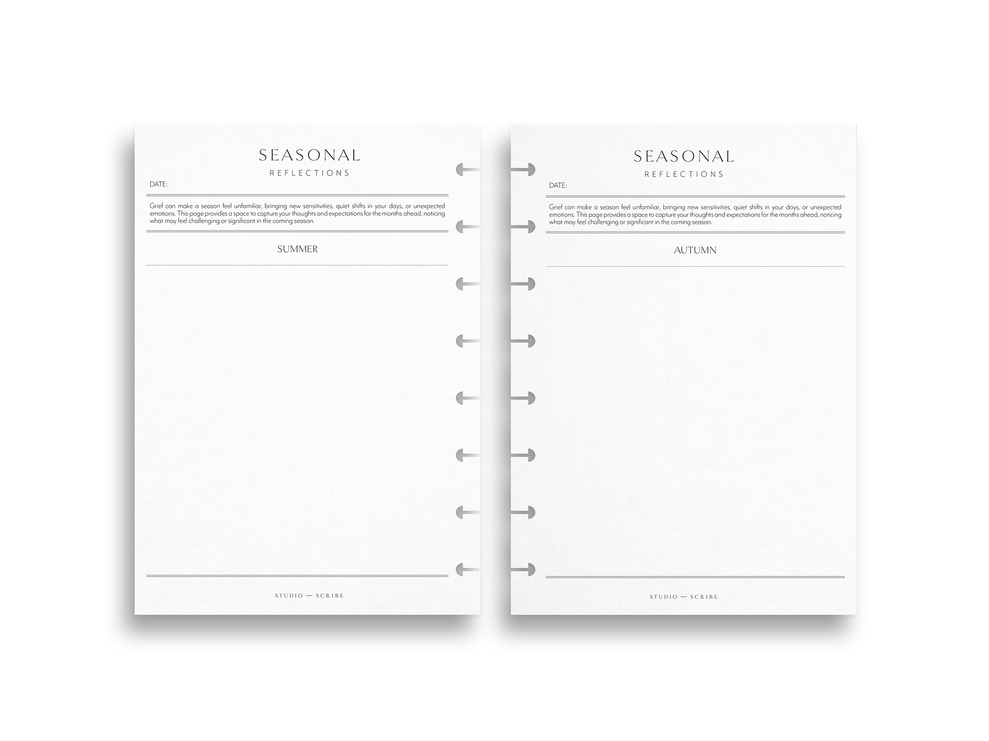 Two pages from a planner with 'Seasonal Reflections' headings on a white background.