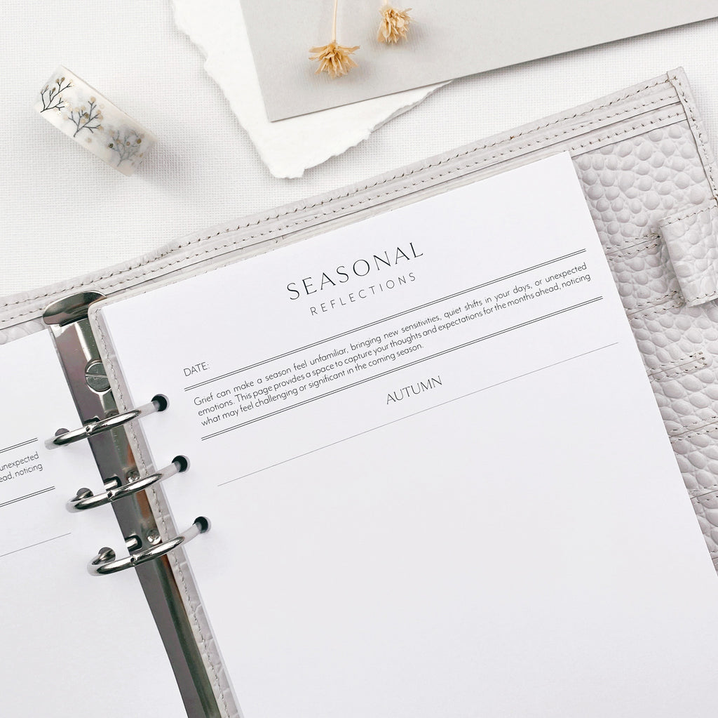Seasonal reflections planner page on a white surface with decorative elements.