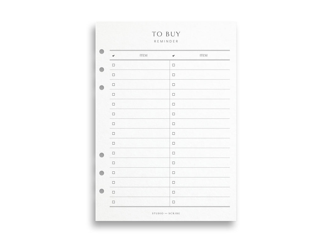 A5 size planner page with 'To Buy' design in a list style