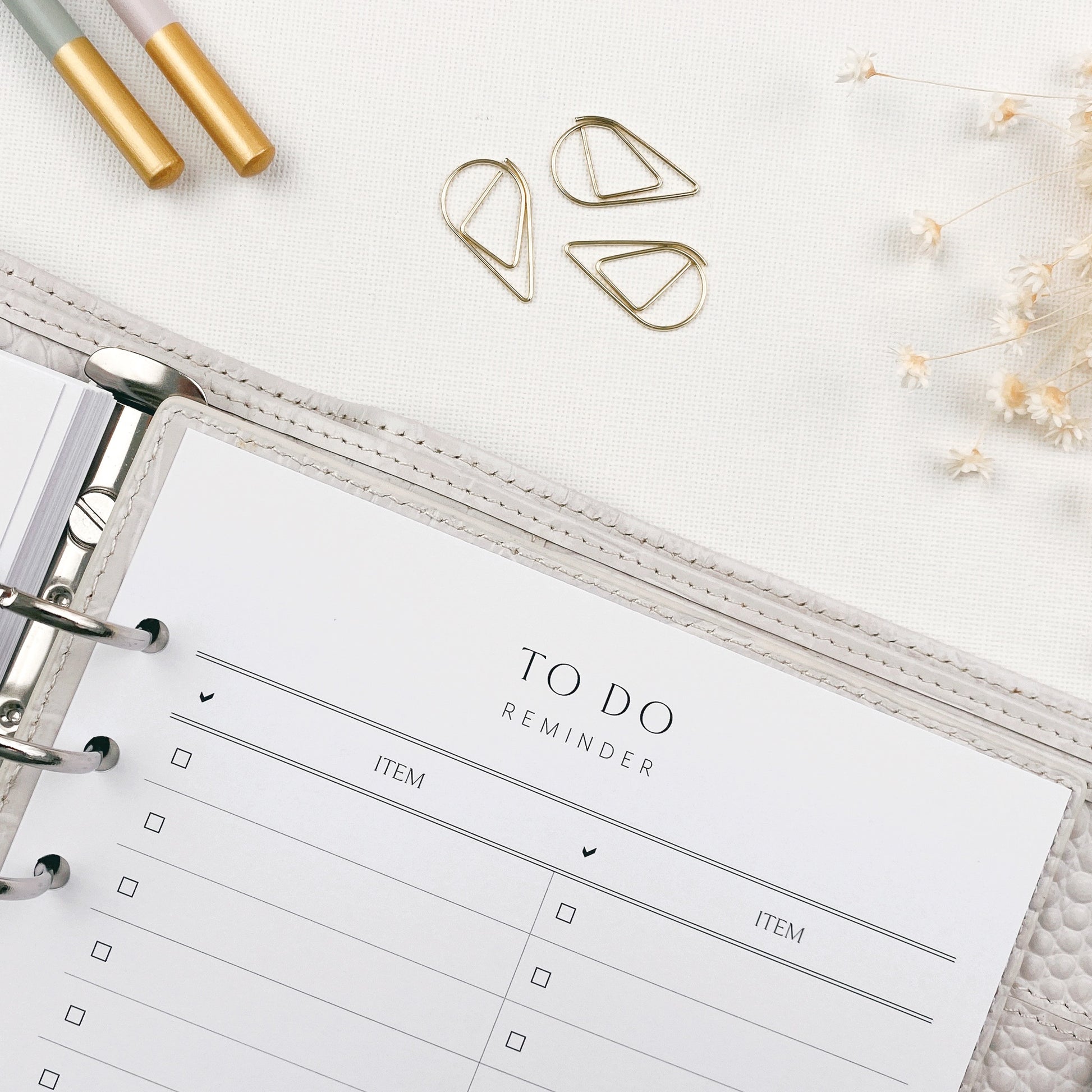 Open planner with 'To Do Reminder' page, gold paper clips, and decorative elements on a light surface.