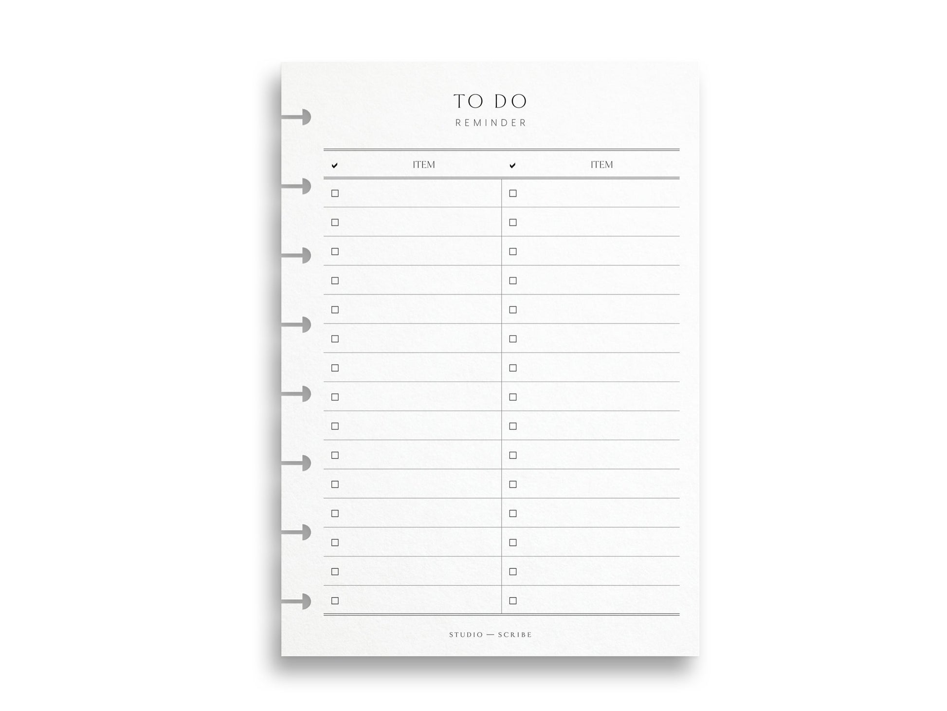 A5 To Do Reminder planner page with disc punching on a white background