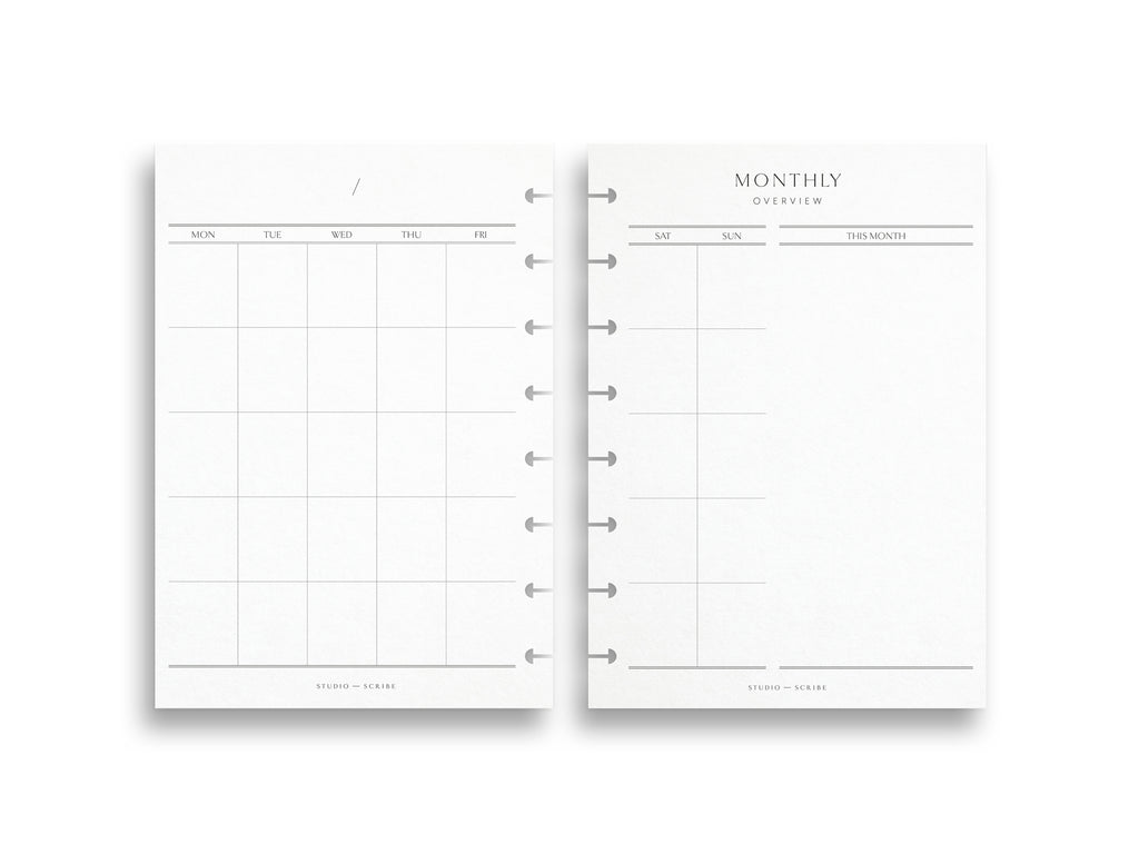 Two A5 planner insert pages displaying a monthly calendar grid layout with no dates, set up for a week starting on Monday.