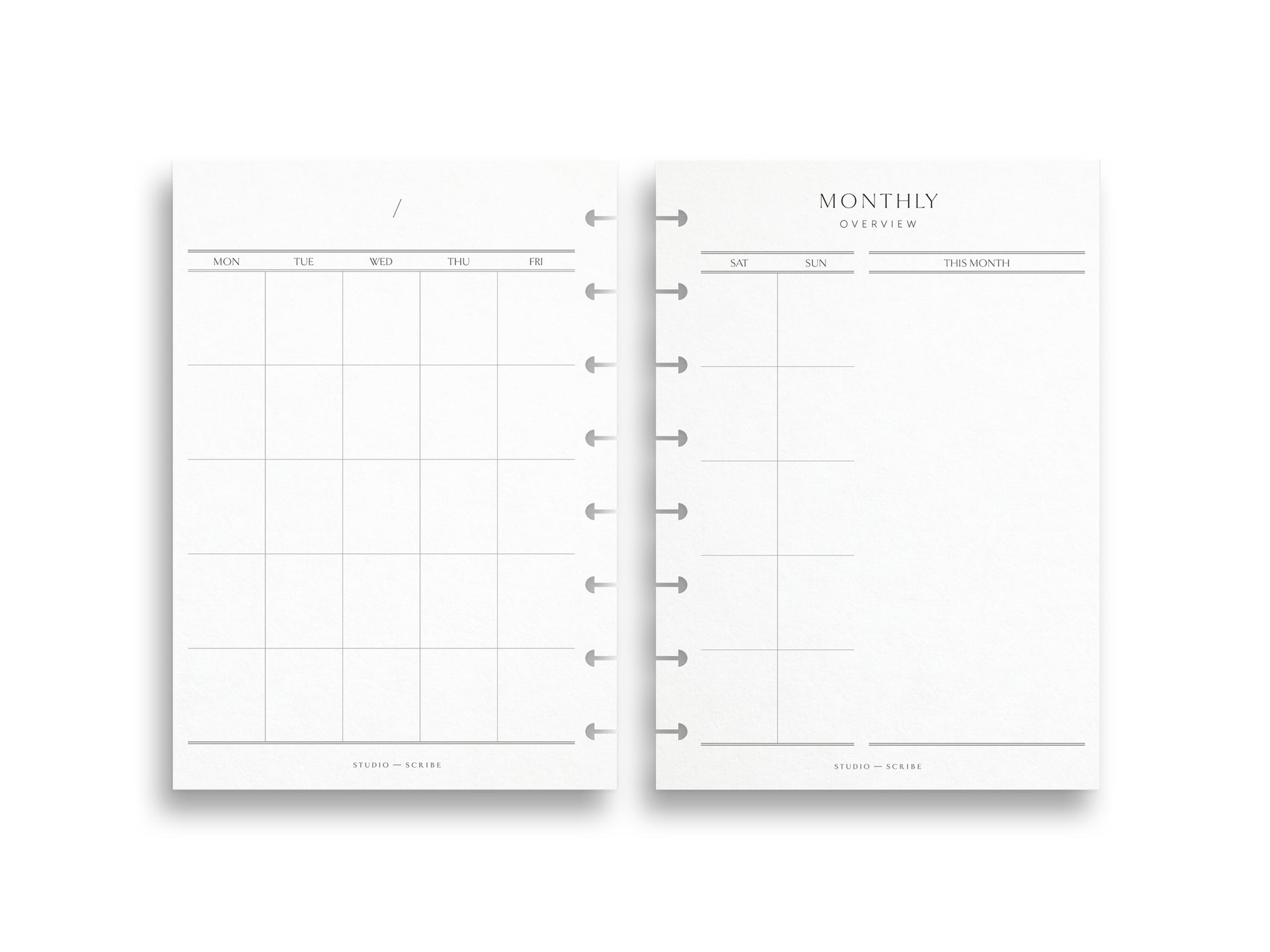 Two A5 planner insert pages displaying a monthly calendar grid layout with no dates, set up for a week starting on Monday.
